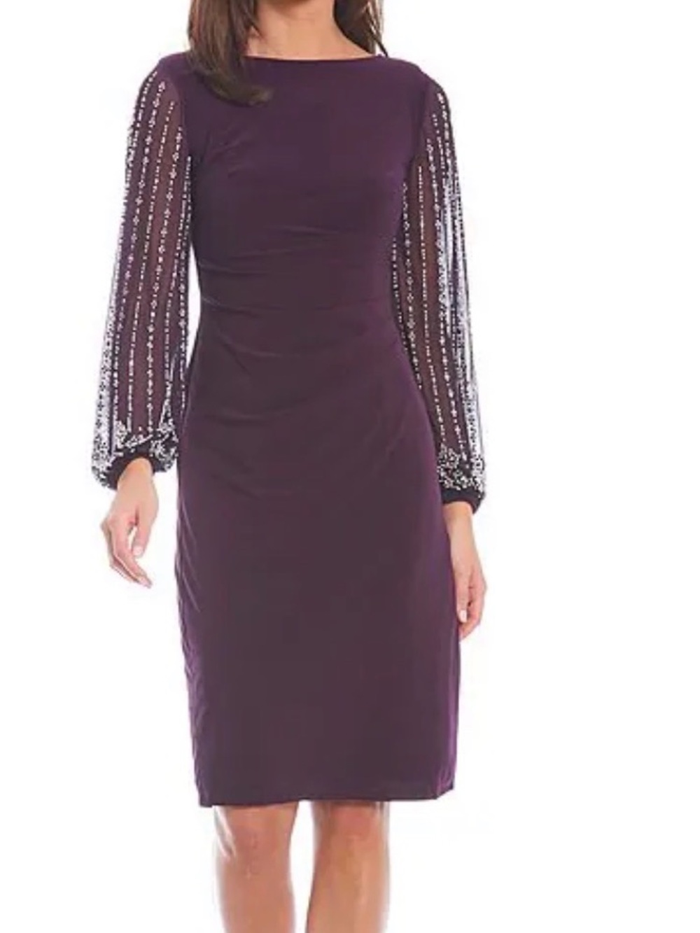 Women's Eggplant Beaded Long Sleeve Dress